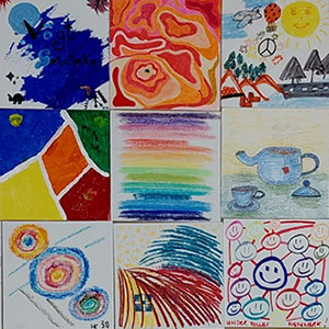 Collage aus neun bunten Kunstwerken, darunter abstrakte Formen, Landschaften, Objekte und Texte in einer 3x3-Anordnung.