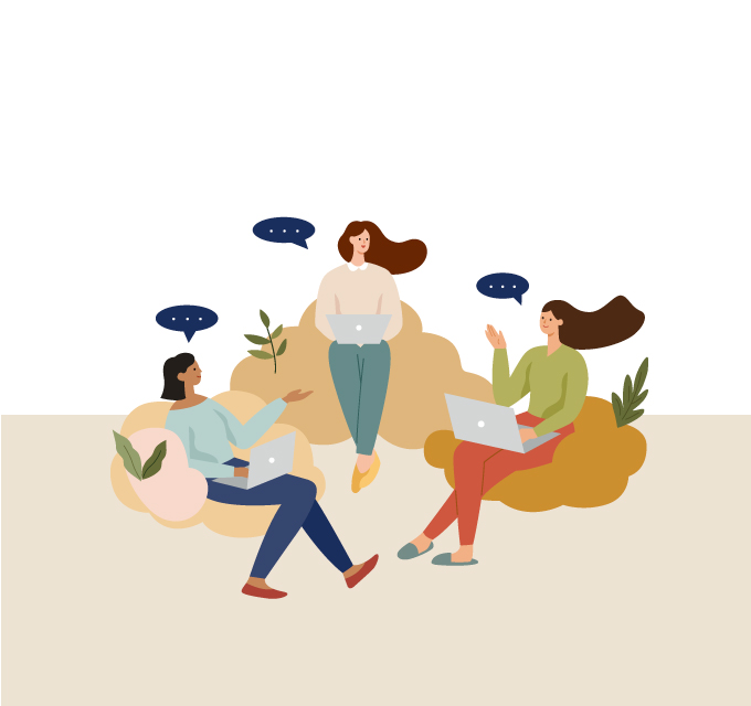 Illustration von drei Personen, die auf gemütlichen Sitzsäcken mit Laptops sitzen und sich unterhalten. Ãœber ihren Köpfen sind Sprechblasen mit Punkten dargestellt, die eine Unterhaltung symbolisieren. Die Szene ist modern und entspannt gestaltet, mit Zimmerpflanzen zur Dekoration.
